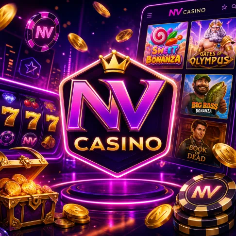 NV Casino promo image with official logo, purple-magenta neon glow, and themed slot elements in a 1024x1024 format.